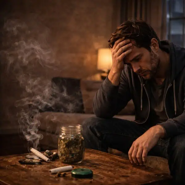 Distressed man sitting with cannabis and smoking paraphernalia on a table.