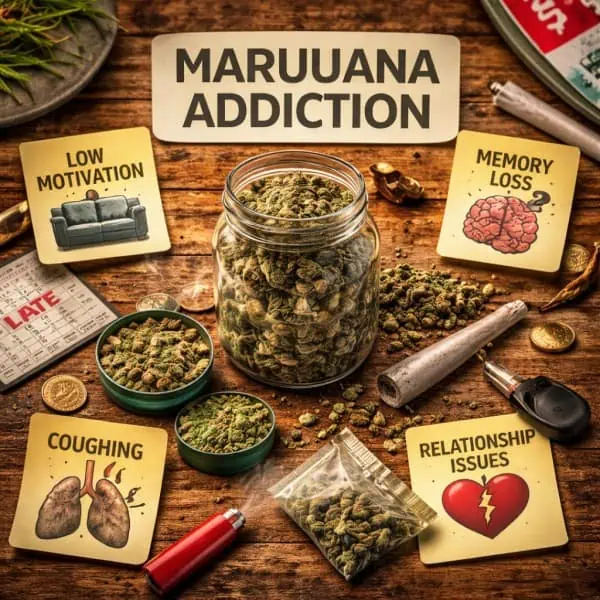 Cannabis with smoking items on a table symbolizing marijuana addiction.