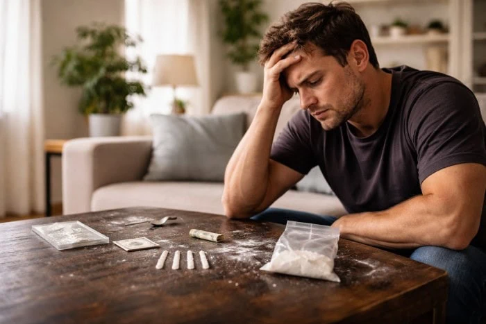 Man sitting stressed in a home environment with drug use items, representing the impact of cocaine addiction