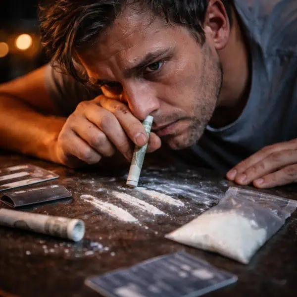 Close-up of a man snorting cocaine, illustrating cocaine addiction in a home setting