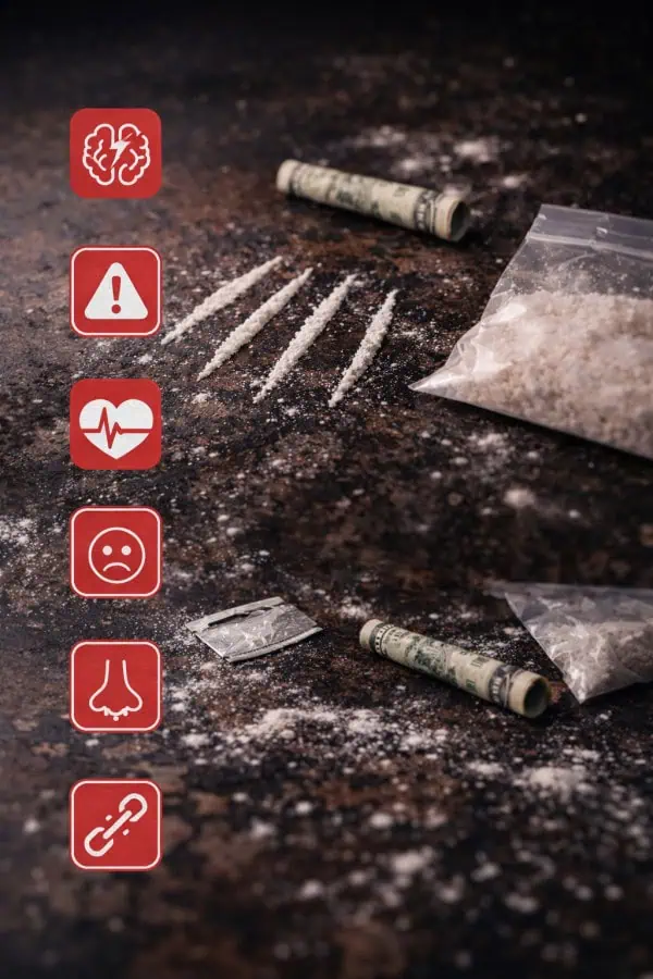 Cocaine powder lines with warning icons representing physical and mental effects of cocaine addiction