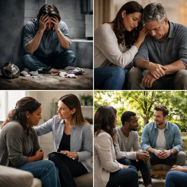 scenes showing emotional impact and recovery journey of drug addiction