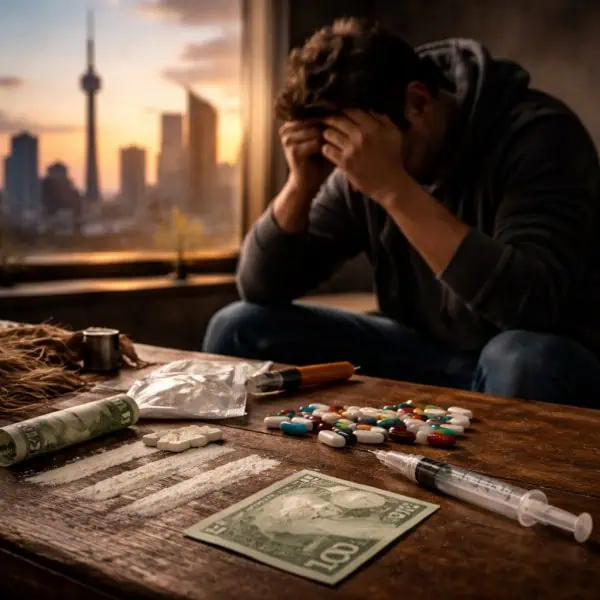 Man in distress sitting beside drugs and paraphernalia on a table.