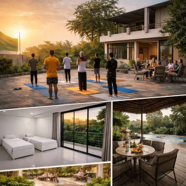 Peaceful residential setting with yoga, clean rooms, and outdoor space representing drug rehab recovery environment