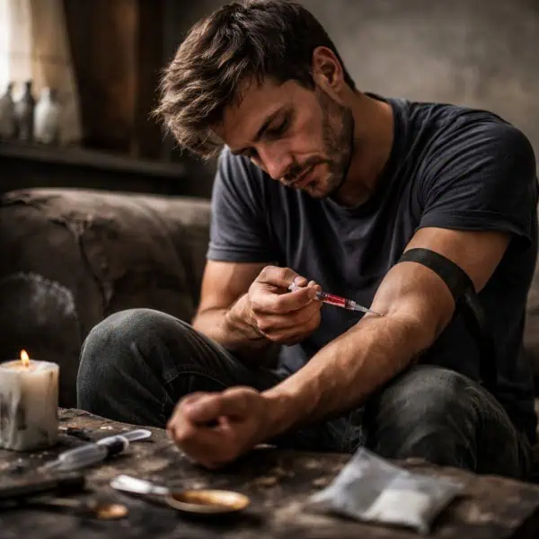 Man injecting heroin in a home setting, illustrating heroin addiction and substance use behavior