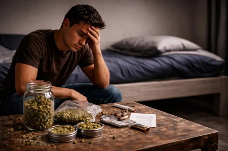 Man sitting stressed with cannabis items on table representing marijuana addiction and its impact