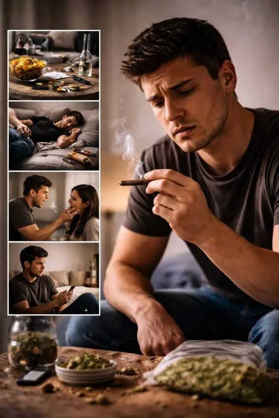 Man showing behavioral and emotional signs of marijuana addiction including isolation, fatigue, and dependency