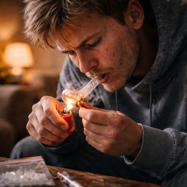 Close-up of a man smoking meth in a home setting with visible drug paraphernalia