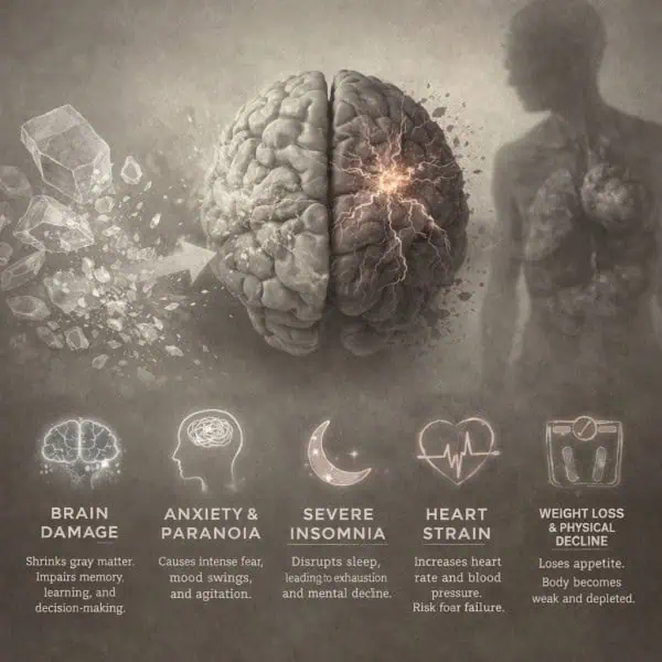 Illustration of brain damage and physical decline effects from meth addiction