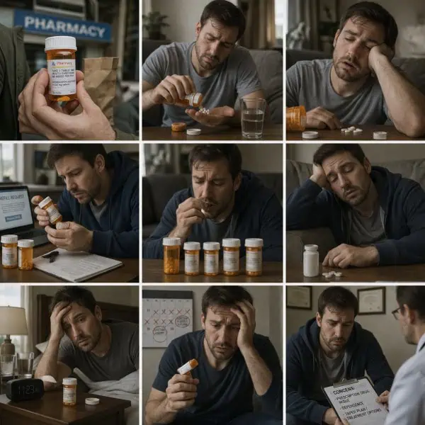 Man holding multiple pills with visible distress, representing prescription drug addiction and misuse