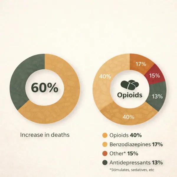 Donut charts showing prescription drug addiction statistics with medicine-themed segments on a soft neutral background