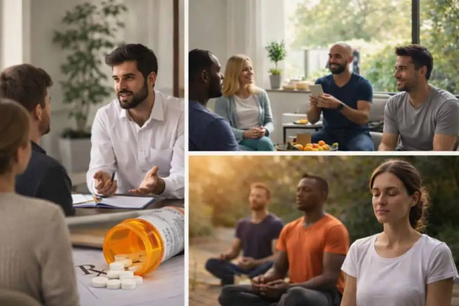 Collage showing therapy, group support, medication, and mindfulness practices representing addiction treatment and recov