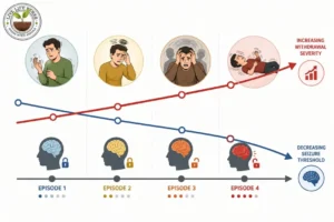 Kindling effect diagram showing alcohol withdrawal becoming more severe with each episode