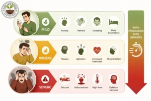 Three stages of alcohol withdrawal from mild symptoms to seizures and delirium tremens