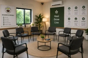 Group therapy room at Live Life Rehab de-addiction centre in Nadiad, Gujarat