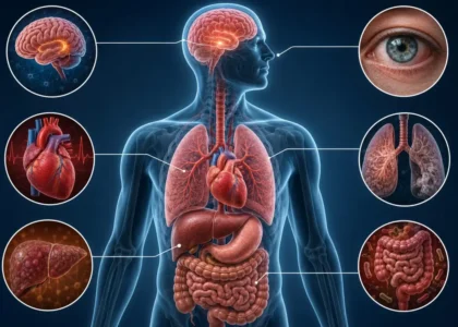 Diagram of ganja side effects on the body and brain, including lungs, heart and memory