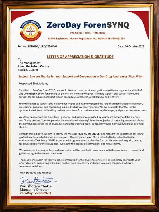 Live Life Rehab Centre Receives Letter of Appreciation from ZeroDay ForenSYNQ for Supporting Drug Awareness 1 award to live-life-rehab