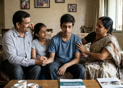 Indian family sitting together supporting a son through drug addiction recovery